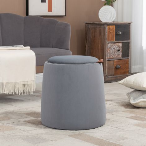 2-in-1 Ottomani ümmargune istmepink hallis sametvälimuses koos hoiuruumiga eemaldatav kaas Ø44cm x 47,5cm mitmekülgne kasutusvõimalus abilauana.de