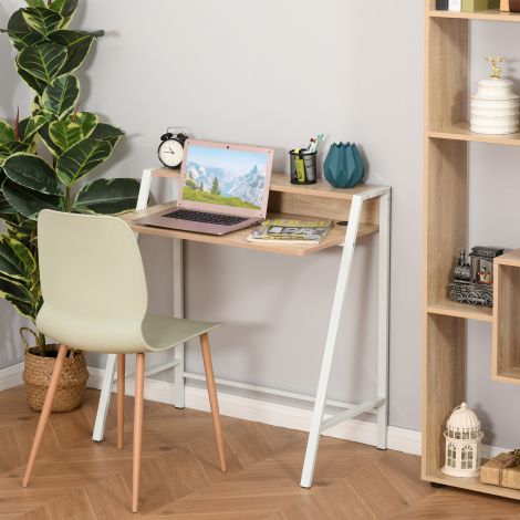 Kaasaegne arvutilaud hoiuriiuli ja kaablite läbiviiguga metallraam Valge Tamm 84x45x85cm kodukontorisse ja tööruumi.