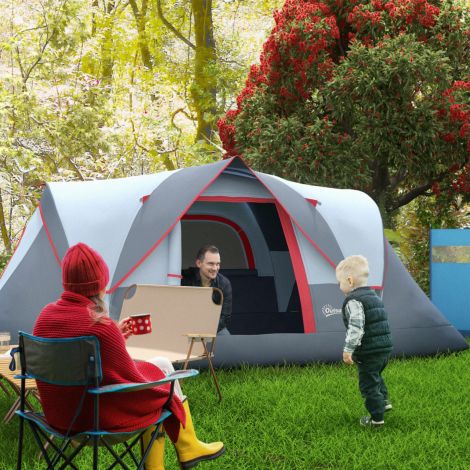 5-6 inimesele mõeldud telk, tunnelitelk vaiadega, polüesterist kuppeltelk, hall, 4,55 x 2,3 x 1,8 m väliseiklusteks.