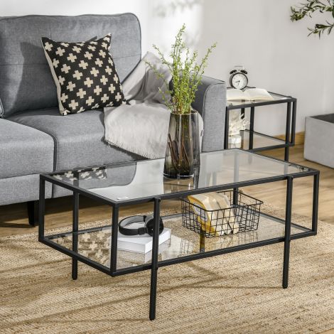 Klaasist diivanilaud kolme riiuliga, must terasraam 100x55x45,5cm elutuppa ja kaasaegse sisustuse jaoks.