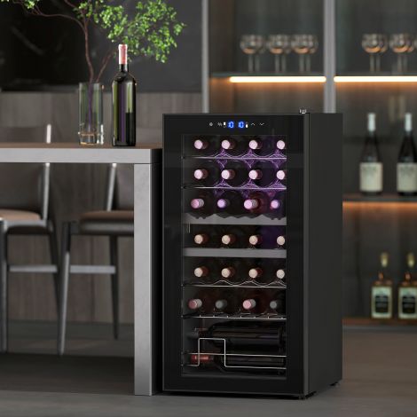 Veinikülmik 2 tsooni 28 pudelit 74L 5-18℃ kompressoriga joogikülmik LED-valgustusega, UV-kaitsega klaasuks, väike veiniriiul pudelikülmik puutetundliku ekraaniga must.
