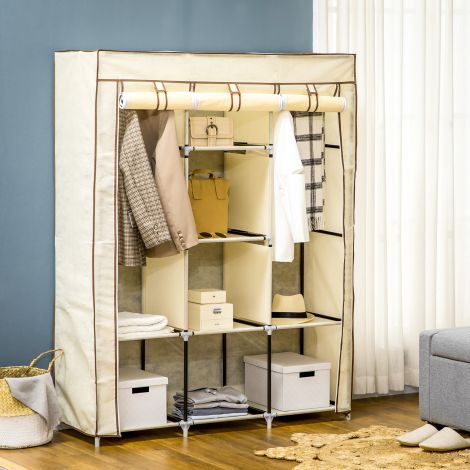 Kangakapp, riidekapp riidepuudega, 8 taset, kokkupandav kapp, kokkupandav garderoob magamistuppa, koridori, lausriie, kreemvalge, 125 x 43 x 162,5 cm
