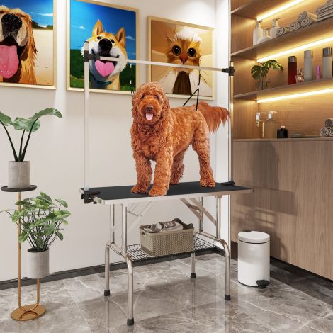 Trimmilaud kõrguse reguleerimisega kokkupandav loomade hoolduslaud koos alumise korviga koertele 107x60x170cm must.