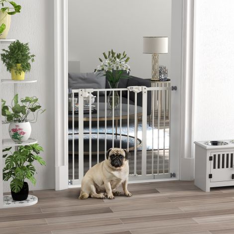 Koertele mõeldud turvavärav, tõkkepuu, 74-80/87-94 cm, trepi turvavärav lemmikloomadele, koeravärav koos erinevate pikendustega, puurimata kaitsevõre, metall, plast, valge