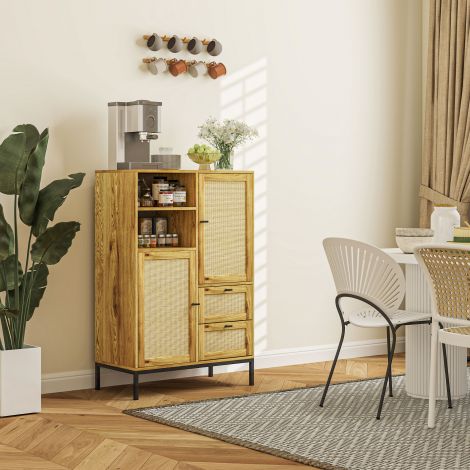 Kummut, hoiukapp rotangist ustega, mitmeotstarbeline kapp sahtlite ja reguleeritavate riiulitega, metallraam, elutuppa, magamistuppa, söögituppa, 80 x 40 x 120 cm, naturaalne puit