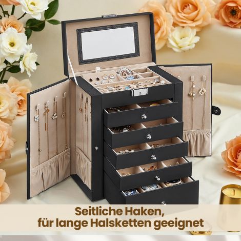 Ehetekarp 6 taset, ehetekarp 5 sahtliga, peegliga, lukustatav, ehete hoiustamine, kelladele, valge