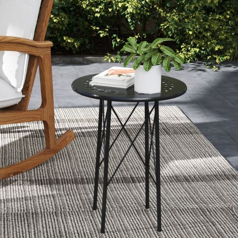 Aialaud Ø40 x 50cm, Ilmastikukindel rõdulauast terasest, abilaud lillekujundusega kaitsejalgadega, ümmargune söögilaud õues, kämpingulaud terrassilaud aeda terrassile rõdule must.