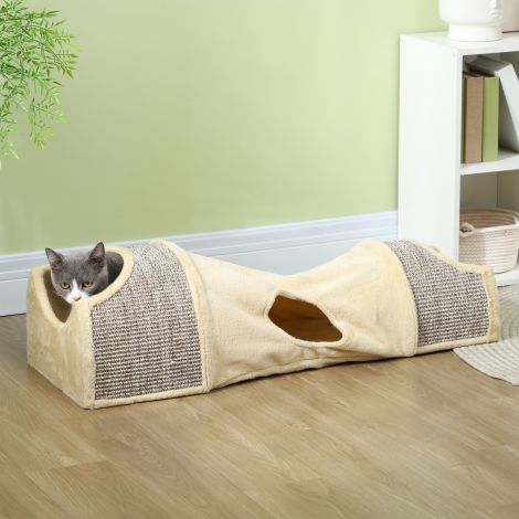 Kassitunnel mängutunnel 2 majakesega, 3 avaga, kokkupandav loomade tunnel kassidele kuni 6 kg, siseruumides, beež