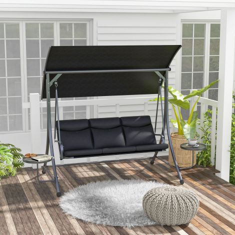 Hollywoodi kiik diivanilaudadega, 3-kohaline aiakiik reguleeritava päikesevarjuga, kiikpink kandevõimega kuni 300 kg, aeda, terrassile, 271 x 125 x 177 cm, must.