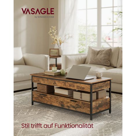 Diivanilaud, kõrguses reguleeritav elutoalaud, kohvilaud, sahtlitega, avatud riiul, 50 x 120 cm, kaamelipruun-tindimust LCT252K02
