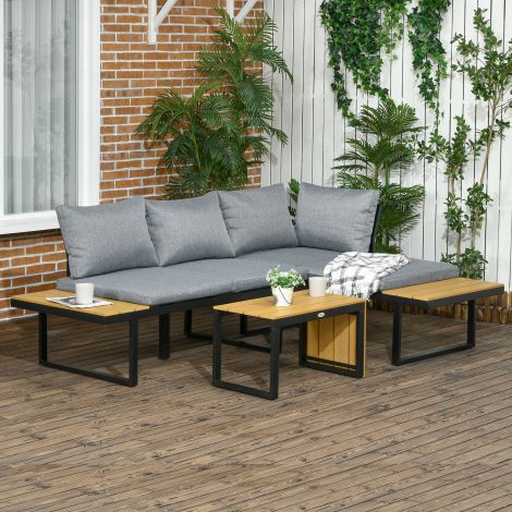 Aiamööbli komplekt 3 inimesele, rõdumööbel istmepatjadega, puiduimitatsiooniga alumiiniumraam, tumehall ja naturaalne.