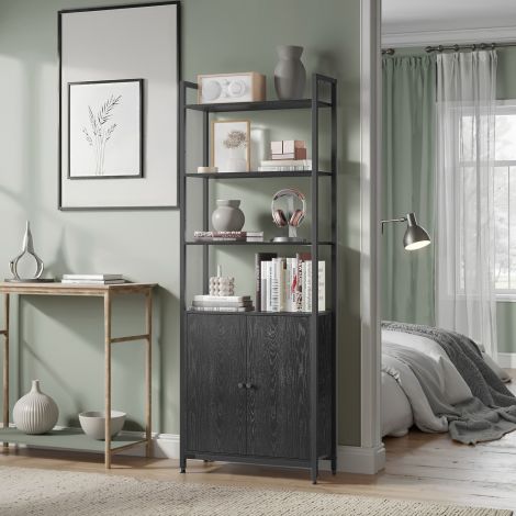 Raamaturiiul, 6 taset, riiul, põrandariiul ustega, metallraam, reguleeritavad riiulid, 24 x 40 x 159,5 cm, elutuppa, magamistuppa, eebenimust-tindimust LLS132B01