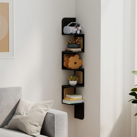 Nurgariiul, seinariiul 5 tasandit, ujuvriiul, seinakinnitusega riiul, siksak-kuju, PVC-rotangist külgpaneelid, ruumisäästlik, kööki magamistuppa elutuppa, boho-stiil