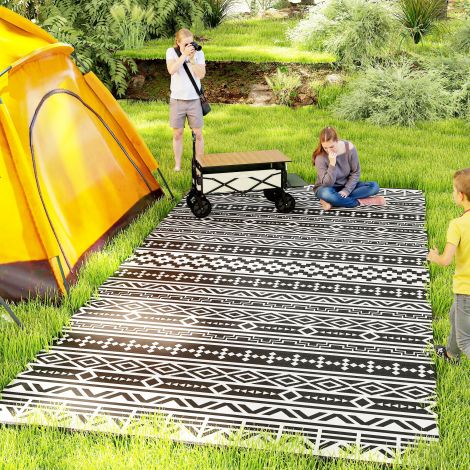 Välistingimustes vaip vastupidav ilmastikukindel välistingimustes vaip, kokkupandav vaip boho-stiilis, välistingimustes vaip elutuppa, rõdule, aeda, terrassile, vannituppa, koridori, kööki, 548 x 274 cm must+valge