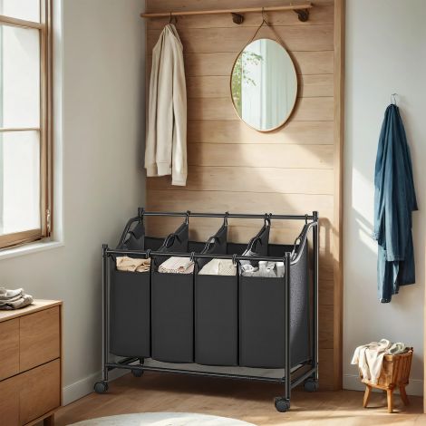 Pesukorv, pesukogujaga 4 eemaldatava riidest kotiga, pesukonteiner ratastel, pesusorteerija, stabiilne, 4 x 35 liitrit, must LSF005