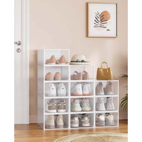 Kingakastid, plastist kingakorraldaja, uksega, läbipaistev, 12-osaline komplekt, virnastatav, lihtne paigaldus, 33,2 x 23 x 14,5 cm, kingadele kuni suuruseni 43, läbipaistev-pilvevalge LSP312W01