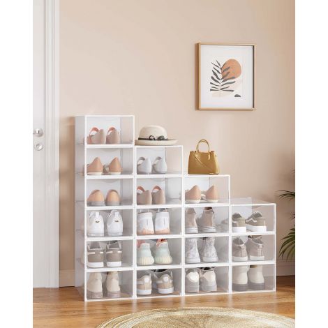 Kingakastid, plastist kingakorraldaja, uksega, läbipaistev, 12-osaline komplekt, virnastatav, lihtne paigaldus, 33,2 x 23 x 14,5 cm, kingadele kuni suuruseni 43, läbipaistev-pilvevalge LSP312W01