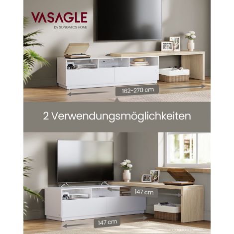TV-alus, reguleeritav pikkus 162-270 cm, L-kujuline telerikapp, 2 sahtlit, 3 avatud riiulit, LED-valgustus, pistikupesade riba, elutuba, pilvevalge-looduslik beež LTV126W02