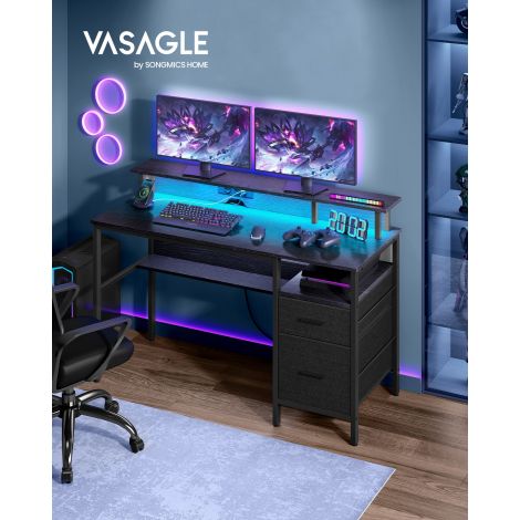 Kirjutuslaud LED valgustusega, sahtlite ja monitori alusega, 135 x 90 x 55 cm, must