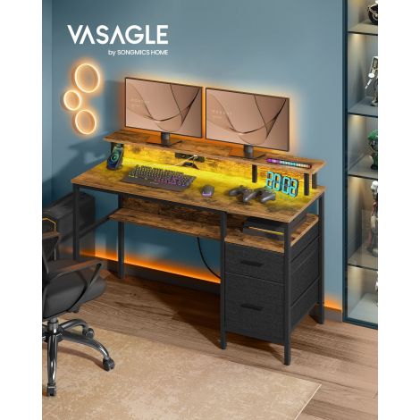 Kirjutuslaud LED valgustusega, sahtlite ja monitori alusega, 135 x 90 x 55 cm, vintage pruun