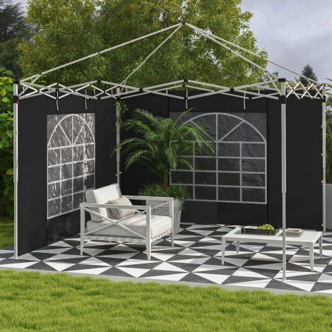 2-osaline külgseinte komplekt 3x3/3x6 m paviljonile, külgsein akna ja takjakinnitusega, veekindlad Oxford-kangast külgseinad, tuule- ja nähtavuskaitseks peotelgile, must