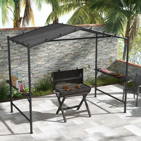 Grillpaviljon 277 x 149 x 230 cm veekindel leegiaeglustav aiamajake külgriiulitega, aiapaviljon UV-kaitsega, BBQ paviljon terasest, aiatelk grilltelk peo BBQ jaoks, tumehall