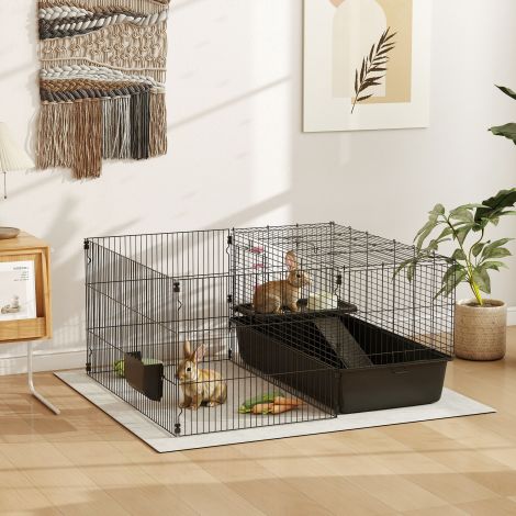 Väikeloomade aedik jooksualaga, 112,5L x 99B x 54H cm, veepudeli, söödakünni, söögikausiga, väikeloomadele, teras, must