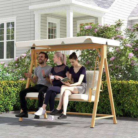 Hollywoodi kiik reguleeritava päikesekatusega istmepadi, puiduimitatsiooniga 3-kohaline aiakiik, kandevõime kuni 330 kg, kiikpink aeda, terrassile 198 x 120 x 170 cm, beež