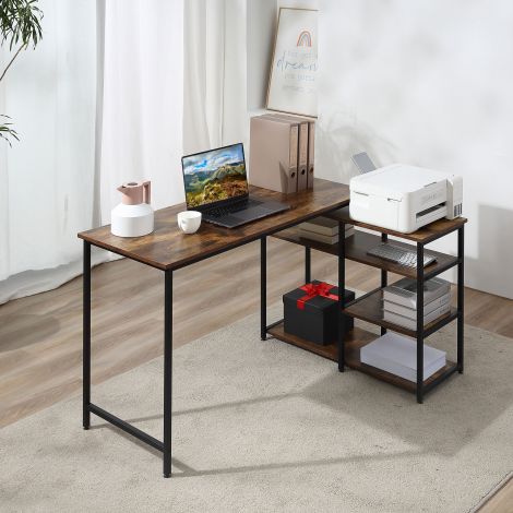 L-kujuline nurgalaud arvutilaud riiuli ja sahtliga 135x90x79cm rustikaalne pruun puitlaastplaat metall kontorisse ja kodukontorisse.