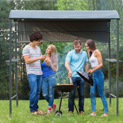 Grillpaviljon BBQ-paviljon leegikaitsekatusega, 2 riiulit, must polüester, 218x138x216cm, ideaalne aeda ja terrassile.