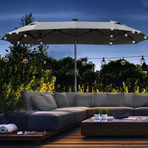 Kahepoolne päikesevari, 295 x 219 cm, LED-päikesevari, ovaalne, tuulekindel aiasirm, stabiilne, turuvari reguleeritava kaldenurgaga terrassile, basseini juurde, polüester, teras, tumehall