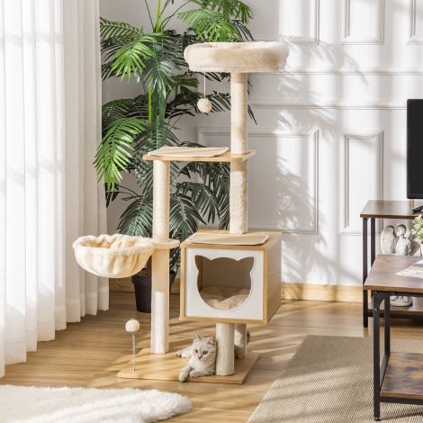 Kassipuu Beež Kassimaja platvormiga 126 cm kõrgune puidust ja puitlaastplaadist sisal kassidele.