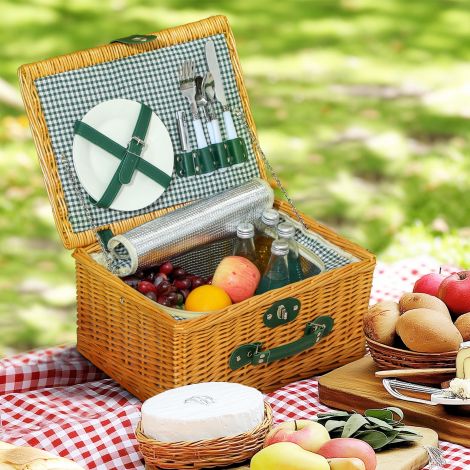 Pajuvitstest piknikukorv, piknikukohver 2 inimesele, isoleeritud jahutussektsiooniga söögiriistade komplekt, täielik piknikukomplekt telkimiseks, rannale, jõuludeks, helepruun