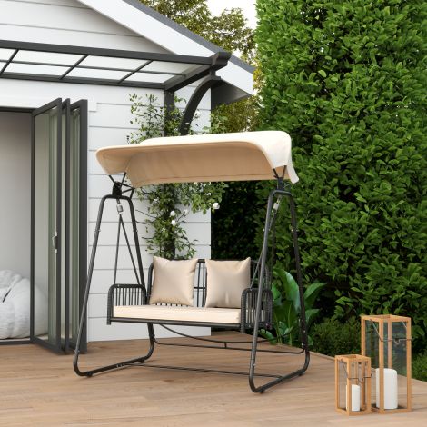 Hollywoodi kiik Rattan 2-kohaline aiamängu kiik reguleeritava päikesekatusega padjad rippuv pink kuni 240 kg kandevõimega rippkiik kiikpink aeda rõdule 149 x 121 x 180 cm Khaki