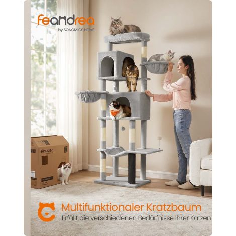 Kassipuu, 175 cm kõrge, XL, mitmekorruseline kassipuu 2 koopaga, 2 lamamisasemega, 5 kraapimissambaga, kammiga, suur platvorm, tuvi hall PCT182G01