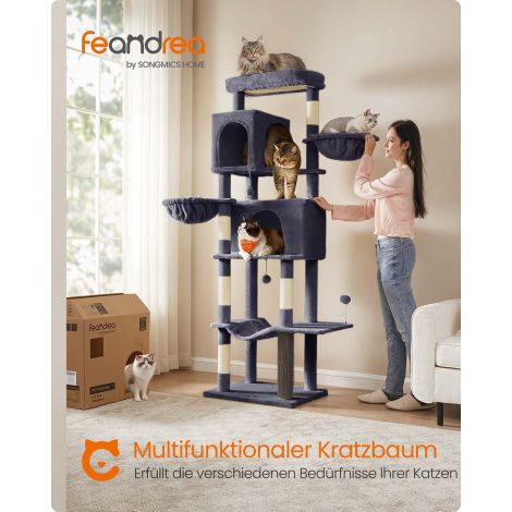 Kassipuu, 175 cm kõrge, XL, mitmekorruseline kassipuu 2 koopaga, 2 lamamisasemega, 5 kraapimissambaga, kammiga, suur platvorm, tuvi hall PCT182G01