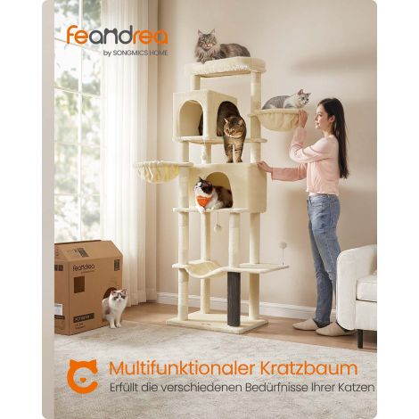 Kassipuu, 175 cm kõrge, XL, mitmekorruseline kassipuu 2 koopaga, 2 lamamisasemega, 5 kraapimispostiga, kassihari, suur platvorm, tuvi hall PCT182G01