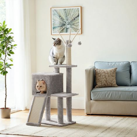 Väike kraapimispuu, kraapimispuu kraapimislauaga, 3 eemaldatavat pom-pom pulka, 118 cm, helehall PCT143W01