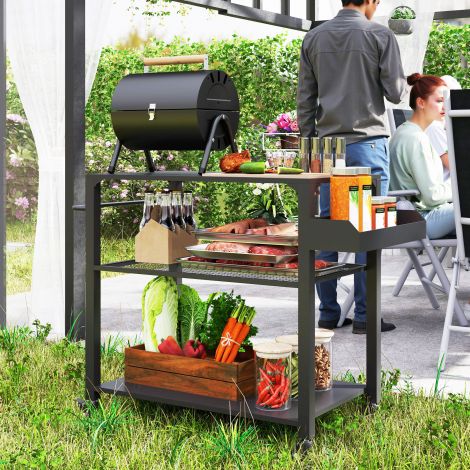 Grillkäru 3-korruseline serveerimiskäru tööpinnaga riiulid rattad, BBQ grillilaud roostevabast terasest, grilli abilaud, välikäru, söegrill aeda, terrassile, 105x50x79cm must