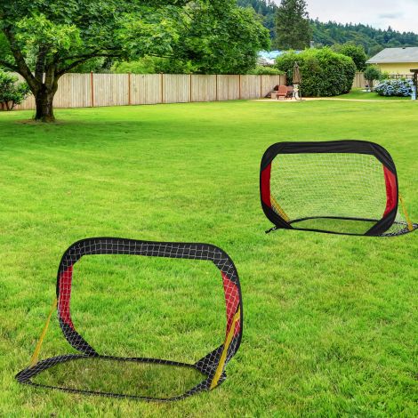 2-osaline jalgpalliväravate komplekt, kokkupandavad miniväravad koos jalgpallivõrguga aeda ja parki, lastele ja täiskasvanutele, polüester must 186 x 90 x 89 cm.