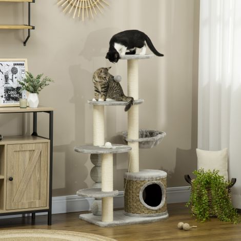 Kraapimispuu 1155 cm kassitorn koos kassimaja ja rippvoodiga väikestele kassidele helehallis.