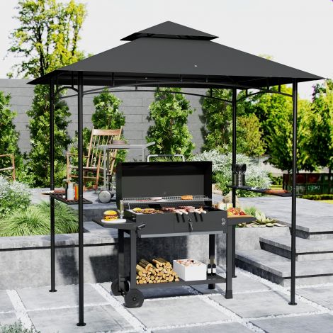 Grillpaviljon LED-iga 240 x 150 x 258 cm veekindel leegiaeglustav aiamajake kahekordse katusega, külgriiulitega, aiapaviljon UV-kaitsega, BBQ paviljon peo jaoks BBQ tumehall