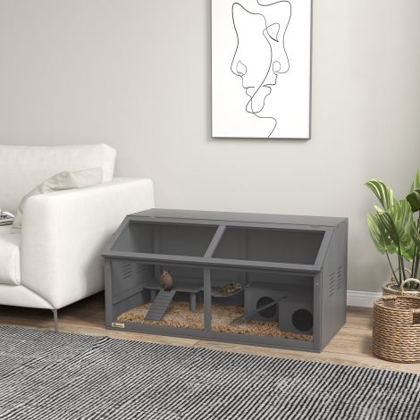 Puidust hamstripuuri, 100cm näriliste maja, väikeloomade aedik, mängumaja rippuva sillaga, redelitega, avatava katusega, onn, tumehall