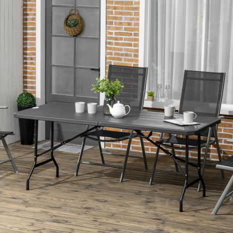 Aialaud kokkupandav laud 6 inimesele, buffetilaud terasraamiga, terrassilaud puidu välimusega, HDPE, 180 x 75,5 x 73 cm, tumehall