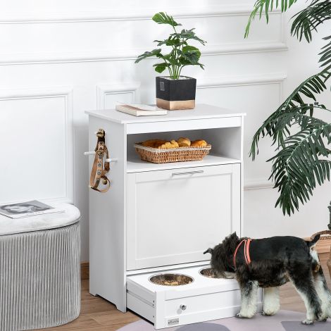 Lemmikloomade toidukapp 2 roostevabast terasest kausiga, 3 konksu, loomasöödakapp hoiukapi, avatud sektsiooni ja kallutusuksega, koeratoidujaam koertele, 61 x 35,5 x 82 cm, valge