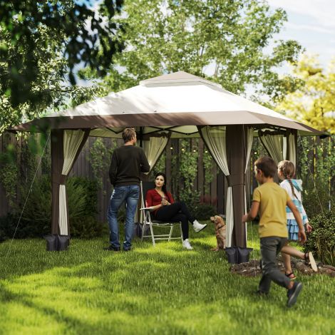 Paviljon 4x4m Veekindel Kõrguse reguleeritav Pop-up Kokkupandav paviljon võrguseintega UV 50+ Kokkupandav Peotelk Aia telk kandekotiga Liivakotid Aiapaviljon telkimiseks Aed Festival, Beež