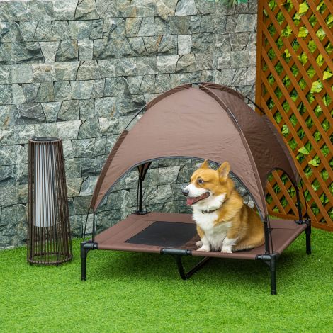 Tõstetud koeravoodi õues varikatusega, hingav taftkangas kohv 92x76x90cm mugavuse ja kaitse jaoks.