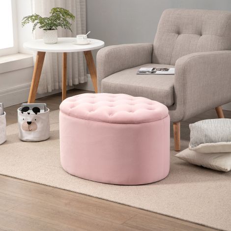 Roosa polsterpink, millel on hoiuruum, 71x52x42cm, sametilaadne polüester ja kummipuu, ovaalne kuju elutuppa.