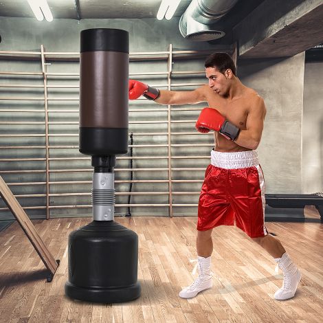 Seisukott Boxnukk kõrguse reguleeritav 158-186 cm, poksmannekeen treeninguks, poksipartner, must ja pruun.