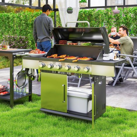 Gaasigrill 8500BTU grillkäru, sisaldab 6 roostevabast terasest põletit, rull, termomeeter, rõhuregulaator, gaasivoolik, kaas, külgriiulid, BBQ aedgrill rõdule, matkagrill 141 x 55 x 110 cm